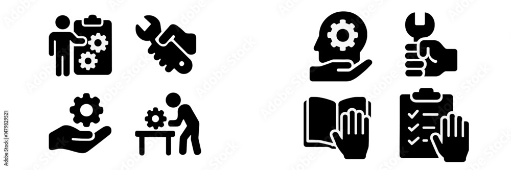 Fototapete collection of web icons depicting various aspects of technology, maintenance, and problem-solving ac