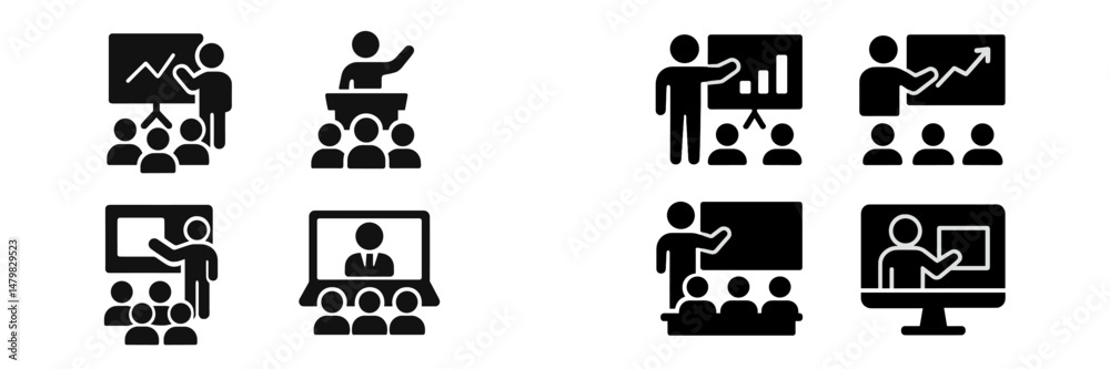 Fototapete collection of web icons representing presentations and group interactions in various formats