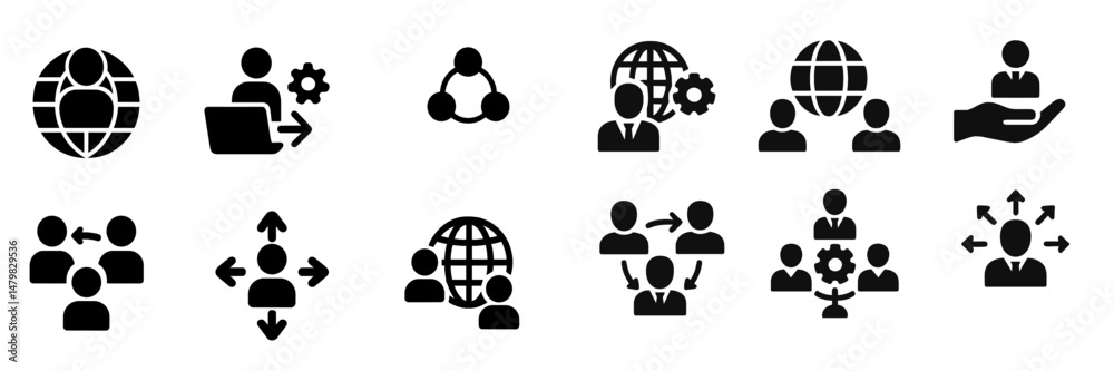 Poster collection of web icons representing networking, collaboration, and global connectivity concepts for