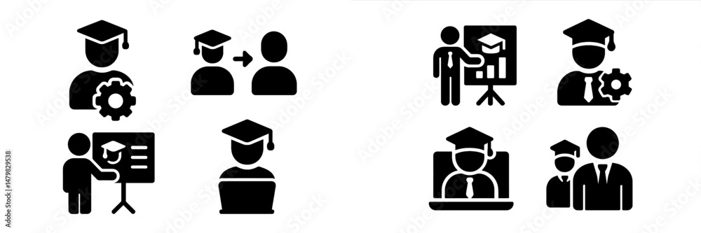 Aufkleber set of web icons representing education, teaching, and student interaction in various learning envir