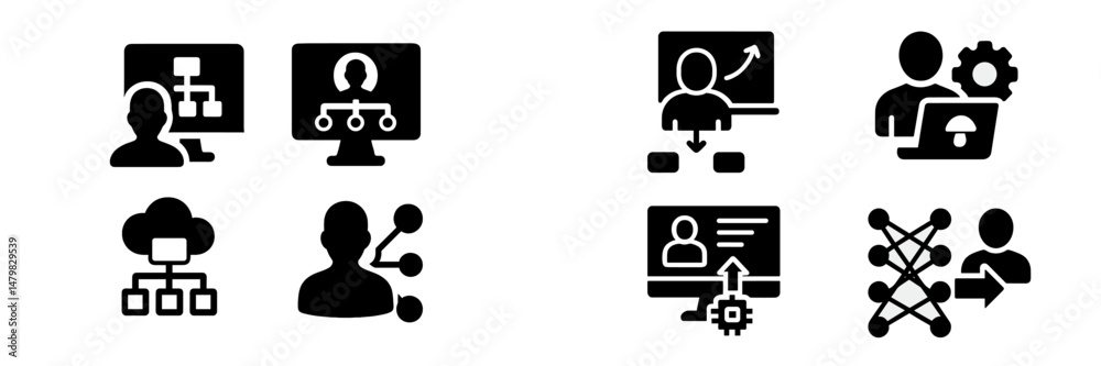 Poster set of web icons representing various digital and online activities for user interaction and data ma