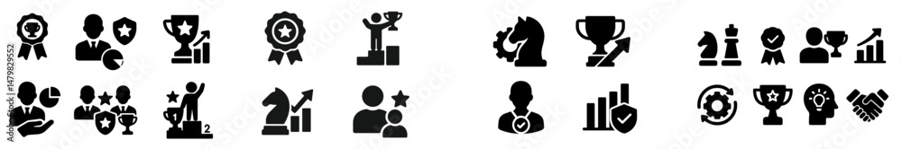 Poster collection of web icons showcasing achievement, competition, and teamwork in various professional co