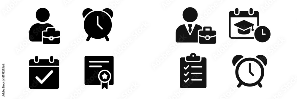 Poster collection of web icons showcasing various professional activities and time management tools for mod