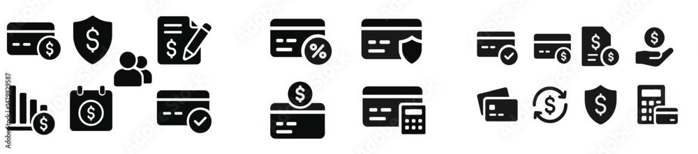 Poster collection of web icons featuring financial symbols, payment systems, and security measures for digi