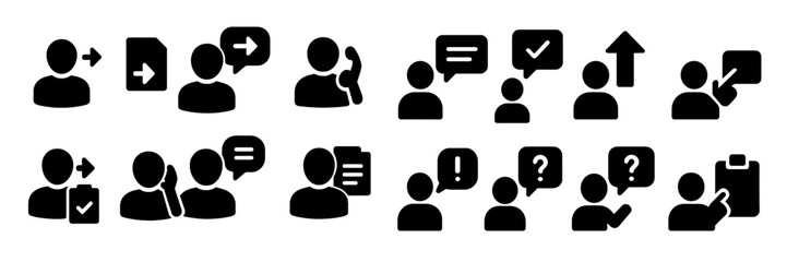 Collection of black web icons representing communication, user actions, and tasks