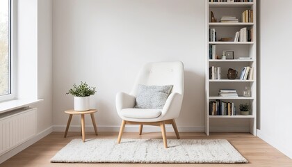 Bright Minimalist Living Room with White Chair and Bookshelf