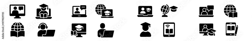 Poster set of web icons showcasing educational activities and digital learning tools for online courses and