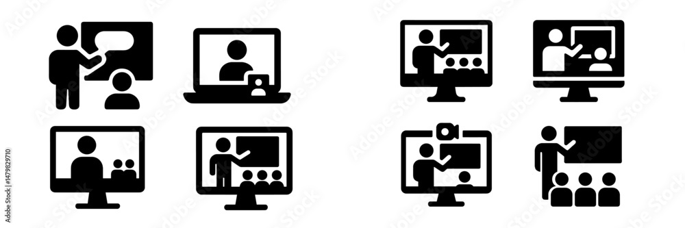 Poster Collection of web icons illustrating online communication and teaching activities with various device representations