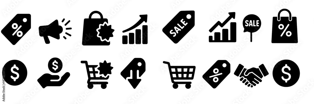 Poster collection of versatile web icons for e-commerce, marketing, and sales applications in minimalist de