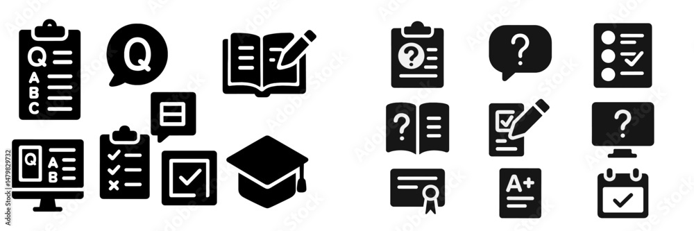 Poster collection of black web icons representing education, assessment, and information tools for digital 