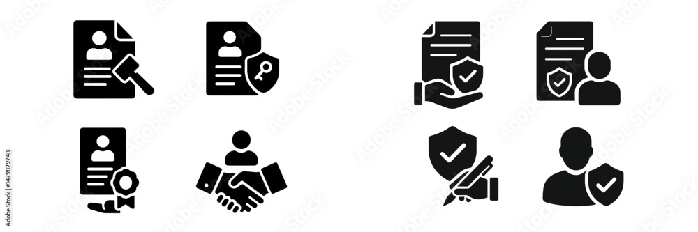 Poster set of simple web icons representing legal services, document security, and professional interaction