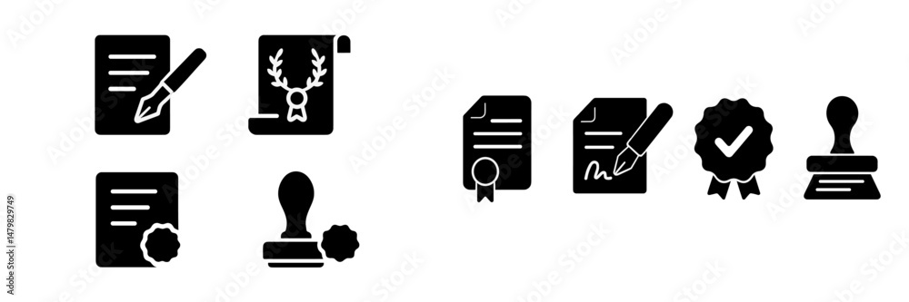 Fototapete set of black web icons representing documentation, certification, and signing procedures for digital