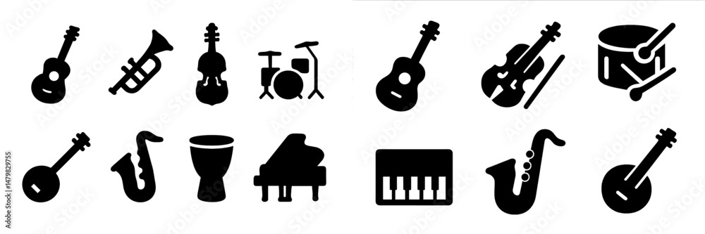 Poster collection of various musical instruments presented in a cohesive web icon format