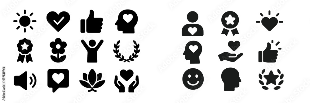 Poster Collection of black and white web icons illustrating various themes like love, joy, and achievement in simple shapes