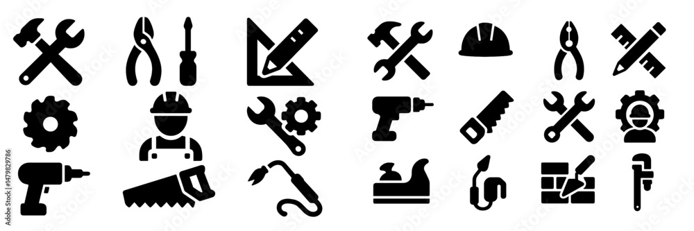 Poster collection of web icons showcasing various tools and equipment used in construction and repair work