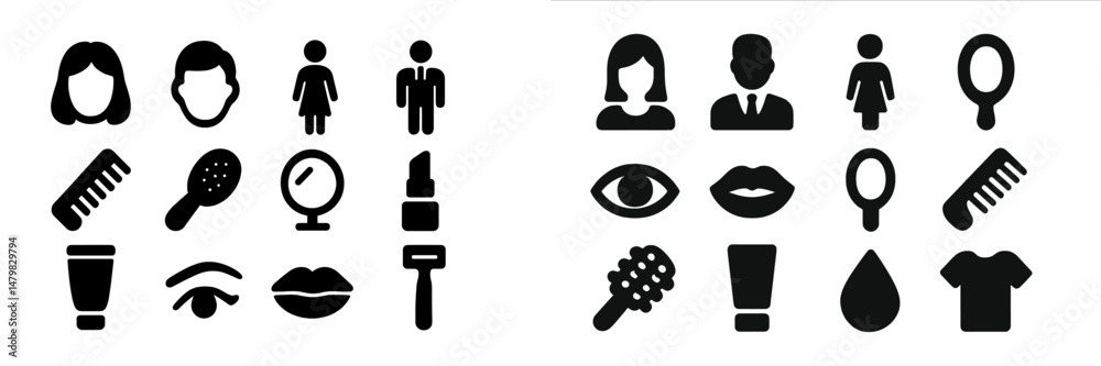 Poster collection of stylish web icons representing beauty and grooming essentials for modern design projec