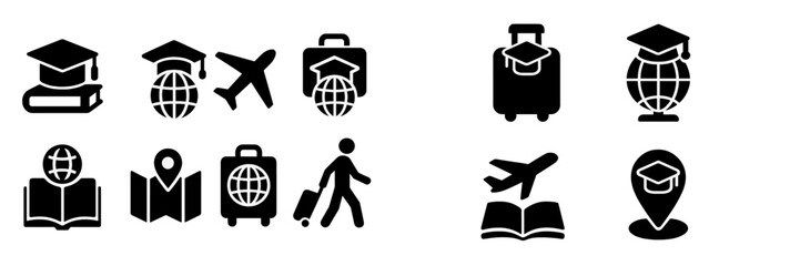 Collection of web icons representing education, travel, and global connectivity for diverse applications