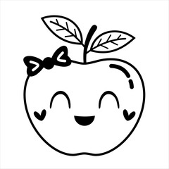 Black and white groovy apple doodle, cute cartoon summer fruit character. Adorable hand drawn vector illustration in flat style