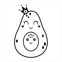 Black and white avocado doodle, cute cartoon tropical fruit. Fruit character, summer hand drawn vector illustration in flat style