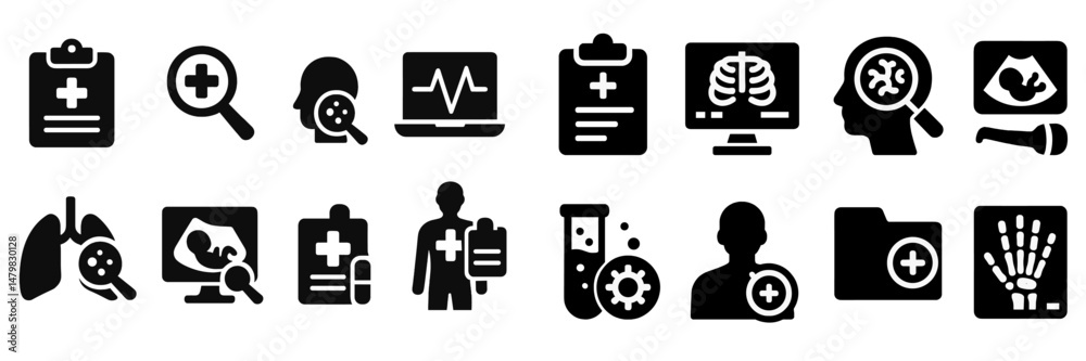 Poster set of web icons illustrating healthcare and medical concepts, showcasing various tools and symbols 
