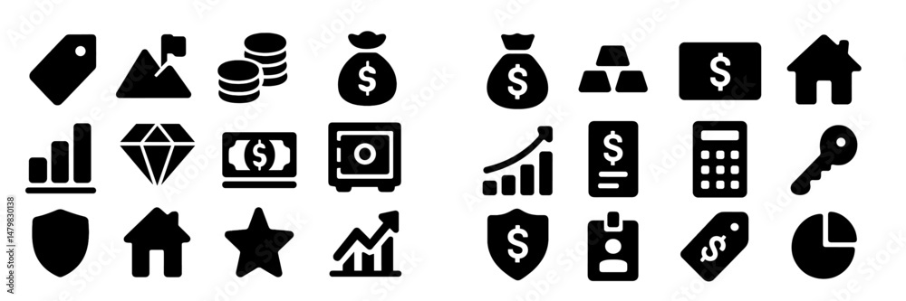 Poster Set of versatile web icons representing finance, security, and productivity for digital projects