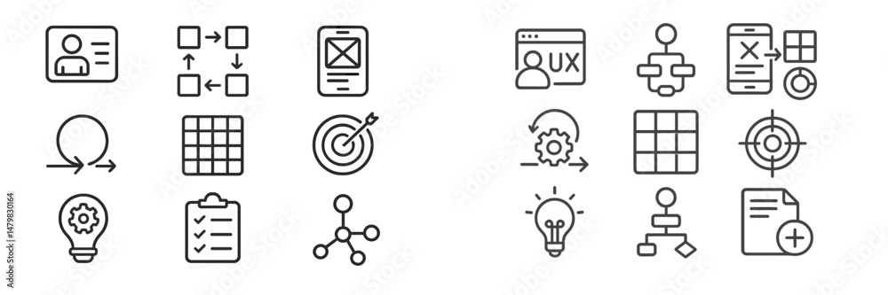 Aufkleber web icons collection featuring user profiles, interfaces, project management, analytics, and design 