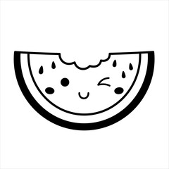 Black and white groovy watermelon doodle, cute cartoon summer berry character. Adorable hand drawn vector illustration in flat style