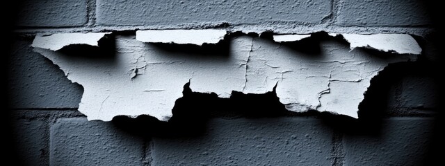 Peeling paint on a brick wall.  Cracked, ripped, and flaking white paint against a dark gray brick wall