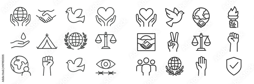 Poster Collection of web icons representing global unity, peace, and justice themes for use in digital designs and applications