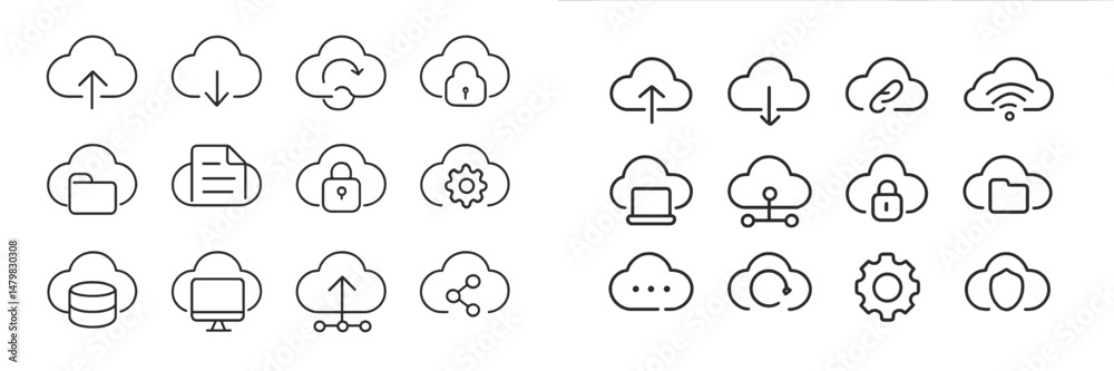 Poster collection of cloud computing web icons showcasing various features like upload, download, and secur