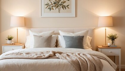 Calming Beige Bedroom Interior with Soft Lighting and Plush Bedding
