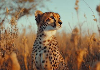 Naklejka premium Cheetah in Golden Grassland at Sunset