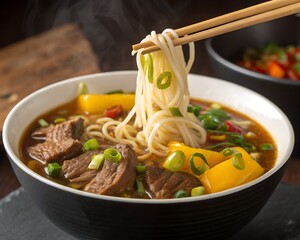 Steaming hot Asian beef noodle soup with fresh scallions, bell pepper, and rich broth served in a rustic ceramic bowl