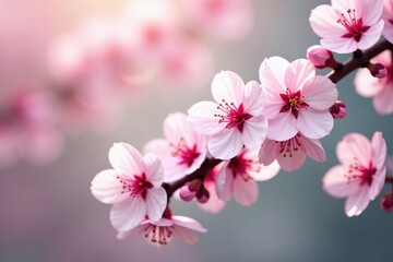 Obraz premium Delicate pink cherry blossoms, intricate branches, soft pastel background, wallpaper, fabric
