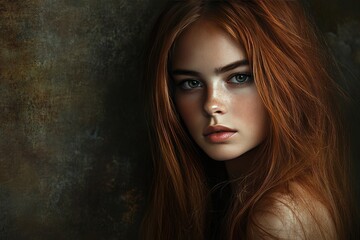 Portrait of a girl with fiery red hair, a serious expression, and a serene, thoughtful face.  A soft, dark background emphasizes the subject's features
