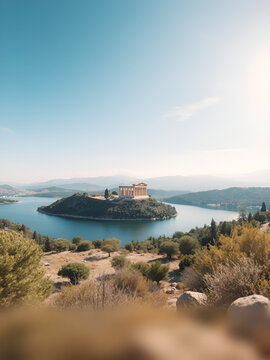 Panoramic view of Temple of Asclepius (Tempio di Esculapio) and lake