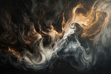 Abstract swirling patterns of dark, golden, and gray hues.  Fluid, dynamic textures create a sense of movement and depth.  Dark background provides a dramatic contrast