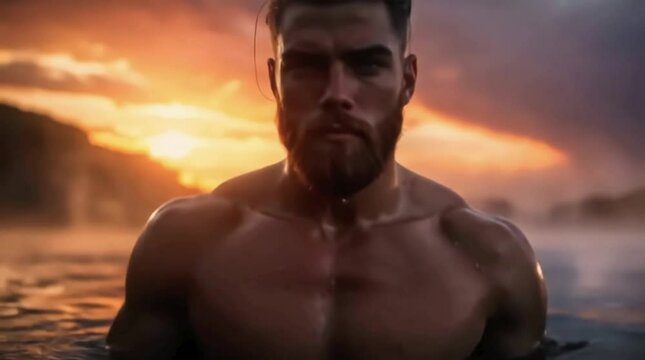 Male Model Rising from Water at Golden Hour with Wet Hair and Intense Eyes