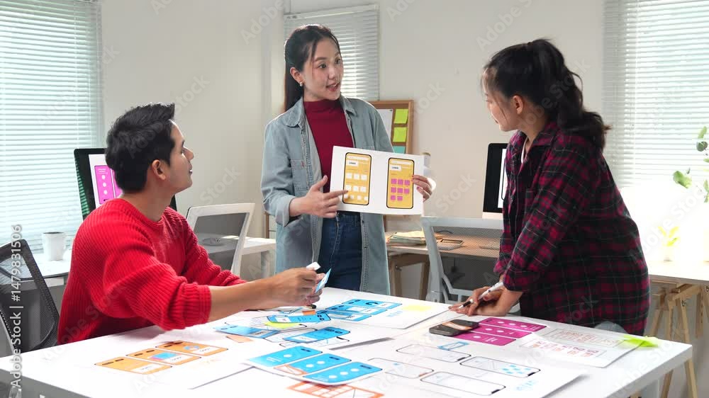 Poster user experience designers collaborating on mobile app interface prototype, brainstorming digital des