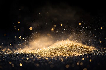 Golden glitter dust explosion on black background.  A dark backdrop features a mound of golden glitter, with swirling, diffused light and scattered particles
