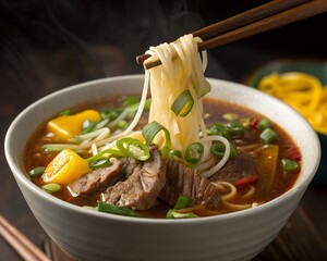 Steaming hot Asian beef noodle soup with fresh scallions, bell pepper, and rich broth served in a rustic ceramic bowl