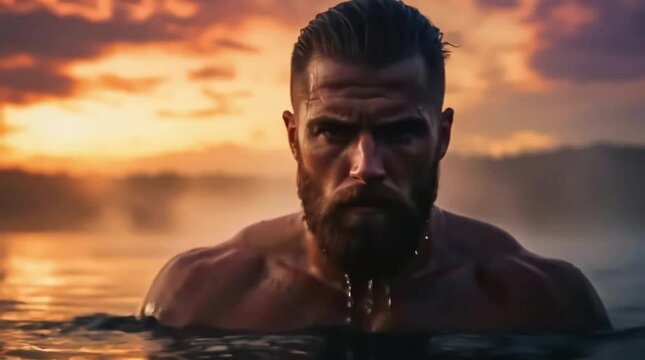 Cinematic Portrait of Wet Man at Dusk with Beard, Wet Hair, and Sunset Reflection