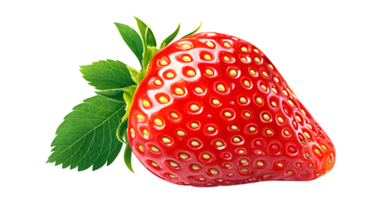 Fresh Ripe Strawberry with Green Leaf, Sweet Red Berry on White Background