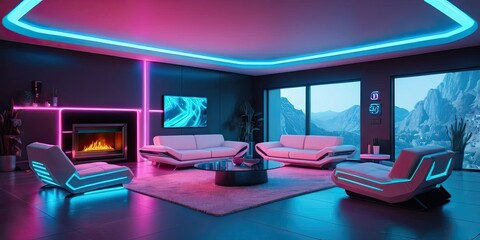 Futuristic Living Room with Neon Lighting and Mountain View