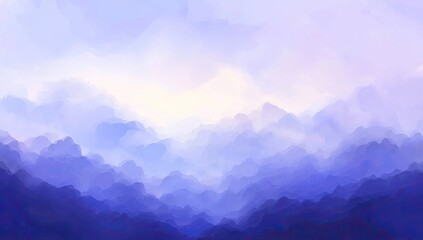 Misty mountain range, soft hues of purple and blue, veiled in a soft atmospheric haze.  Soft peaks, hazy clouds, blend seamlessly