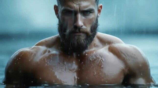 Handsome Male Model Soaked and Staring Forward After Emerging from Water
