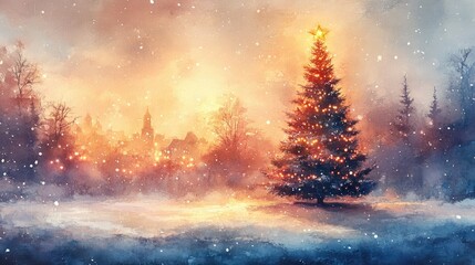 Vibrant Christmas tree decorated with lights glowing brightly in a festive winter scene with snow-covered ground and a colorful sky du sunset or sunrise
