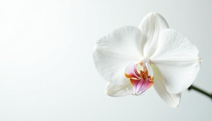 Fototapeta premium Delicate white orchid blossom against pure white backdrop, fresh, bright