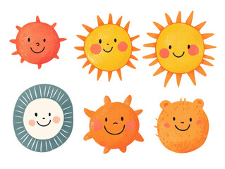Fototapeta premium Cheerful sun characters for children's designs and crafts, cut out transparent