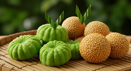 Fototapeta premium Delicious Asian Sweets: Green and Gold Traditional Treats